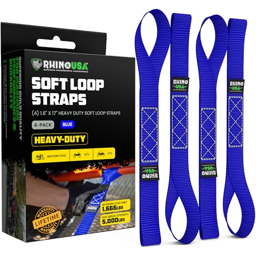 Rhino USA Soft Loop Tie Down Straps (4-Pack) - 1.6 Inch x 17 Inch (5,000 lbs Break Strength) Heavy Duty Motorcycle Handlebar Straps for use with Ratchets for ATV, UTV, Dirt Bike (Blue) - color: Blue 4-Pack