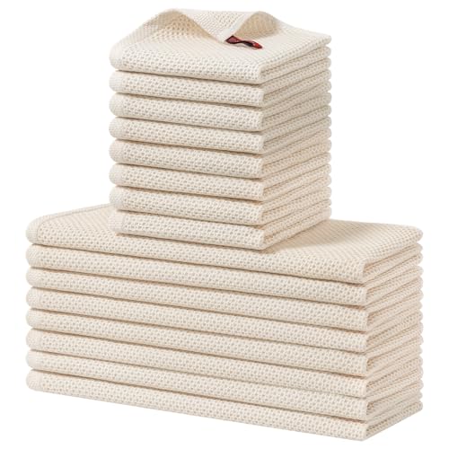 Homaxy 100% Cotton Kitchen Towels and Dishcloths Set, 12 x 12 Inches and 13 x 28 Inches, Set of 16 Bulk Kitchen Towels Set, Ultra Soft Absorbent Dish Cloths for Washing Dishes, Beige - color: Beige, style: 16-Piece Set