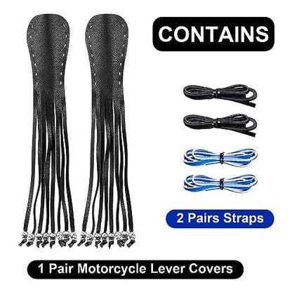 Motorcycle Lever Cover PU Leather Fringed Brake Clutch Covers Universal Grip Tassels Motorcycle Handlebar Covers with Skull Beads - color: Black with Blue Strap