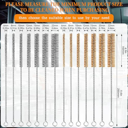 14-Pieces Brass Wire Brush Stainless Steel Tube Brush Set 12" Round Wire Brushes Kit Bore Brush Metal Bristle Cleaning for Pipe, Tube, Auto Parts, Engine (6mm/8mm/10mm/12mm/15mm/20mm/22mm) - size: 14