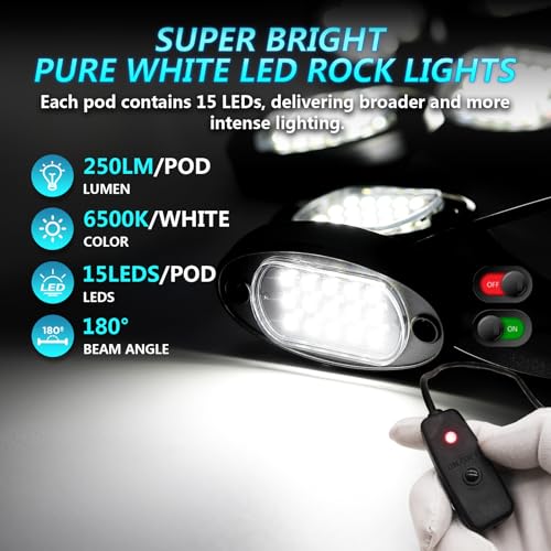8Pods All Pure White LED Rock Lights Full Kit Plug and Play & Pre Wired 6500K with Switch Wiring Harness Extension Fuse, 120Chips Waterproof 12V for Jeep Truck Trailer Offroad ATV UTV SXS - size: 8Pods ABS