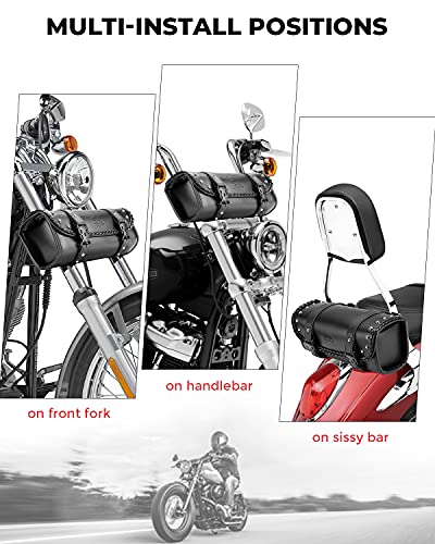 KEMIMOTO Motorcycle Tool Fork Bag PU Leather Universal Saddlebag for Front Fork Handlebar Sissybar Storage Pouch Motorcycle Roll Bag (Black Classic Buckle) - style: Black Classic Buckle