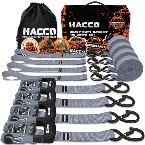 HACCOPLANET Ratchet Straps, 5280lb Break Strengeth, 1.6" Heavy Duty Ratchet Tie Down Strap Set w/Padded Handle, S Hook, Soft Loop for UTV Motorcycle Truck Cargo Straps (Grey, 8FT) - color: Grey, size: 8FT
