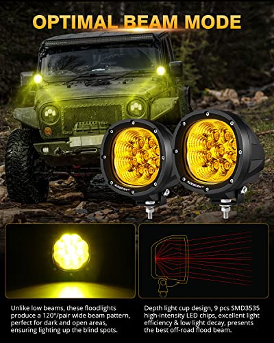 Auxbeam P4 Series Amber Round Fog Lamps 4-Inch 90W Flood Light Pods | Yellow driving lights for rain dust snow, 4x4 ATV Jeep truck motorcycle ditch lights, LED offroad light bar 2-pack - color: P4 Series Amber Flood Lights
