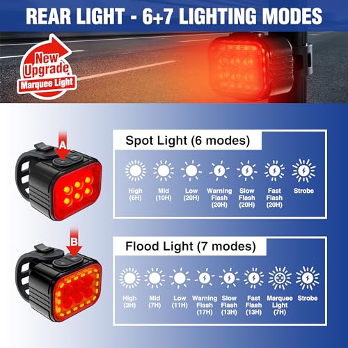 WORKPRO Bike Lights Set [8+13 Modes], Rechargeable Bicycle Light Set Ultra Bright, IP65 Waterproof Bike Lights for Night Riding, 1200mAh Bike Headlight and Tail Light Reflectors - color: Black
