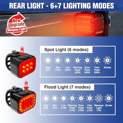 WORKPRO Bike Lights Set [8+13 Modes], Rechargeable Bicycle Light Set Ultra Bright, IP65 Waterproof Bike Lights for Night Riding, 1200mAh Bike Headlight and Tail Light Reflectors - color: Black