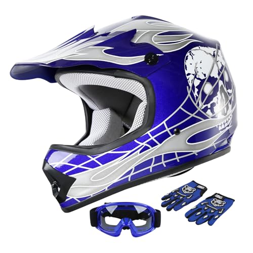 SLMOTO Dot Youth Kids Helmet Motocross Offroad Street Helmet Motorcycle Helmet Dirt Bike Motocross ATV Blue Skull Design HelmetGogglesGloves Small, Blue 2