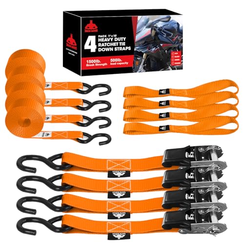 Jack Boss Ratchet Tie Down Straps Set,1500 lbs Break Strength,1" x 15' Heavy Duty Ratchet Straps with 4X Soft Loops Padded Handles Coated S Hook, Fits for Moving Appliances Motorcycle ATV Truck,Orange - color: Orange