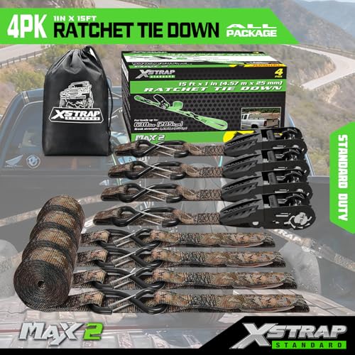 XSTRAP STANDARD 4-Pack Ratchet tie-Down Straps (1" x 15 ft) Feature Integrated Soft Loops, Padded Handles, Coated S-Hooks with Safety Clips, 1890 lbs Break Strength for Motorcycles, Trucks(Camouflage) - size: Camouflage-1890 lbs