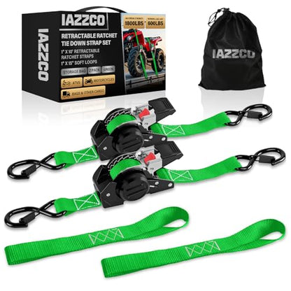 10FT Retractable Ratchet Straps(2-Pack) - 1 Inch (1800 LB Break Strength) Heavy Duty Self Retracting Ratchet Straps with Soft Loops & Storage Bag for Household, Motorcycle, Truck, ATV(Green) - style: Green-2 Pack