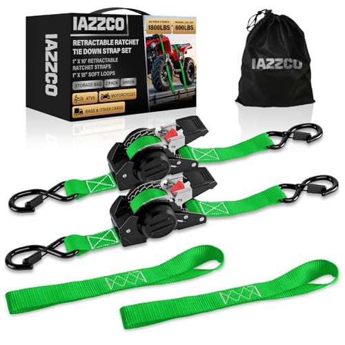 10FT Retractable Ratchet Straps(2-Pack) - 1 Inch (1800 LB Break Strength) Heavy Duty Self Retracting Ratchet Straps with Soft Loops & Storage Bag for Household, Motorcycle, Truck, ATV(Green) - style: Green-2 Pack