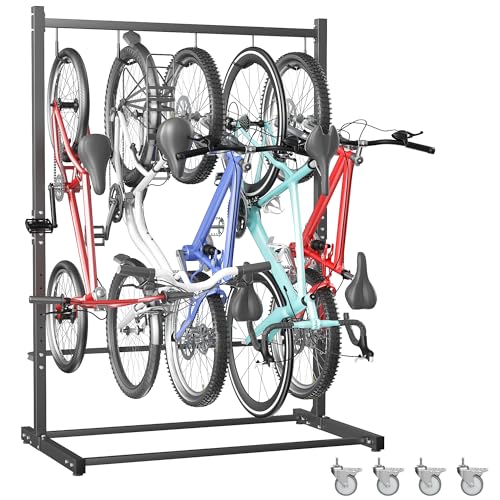 TORACK Garage Freestanding Hanging Bike Stand with Wheels, Heavy Duty Rolling 5 Bikes Vertical Bike Storage Stand Floor Bike Storage Rack(for 5 Bikes) - style: Bike stand for 5 bikes