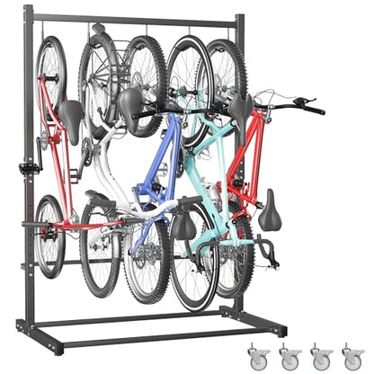 TORACK Garage Freestanding Hanging Bike Stand with Wheels, Heavy Duty Rolling 5 Bikes Vertical Bike Storage Stand Floor Bike Storage Rack(for 5 Bikes) - style: Bike stand for 5 bikes