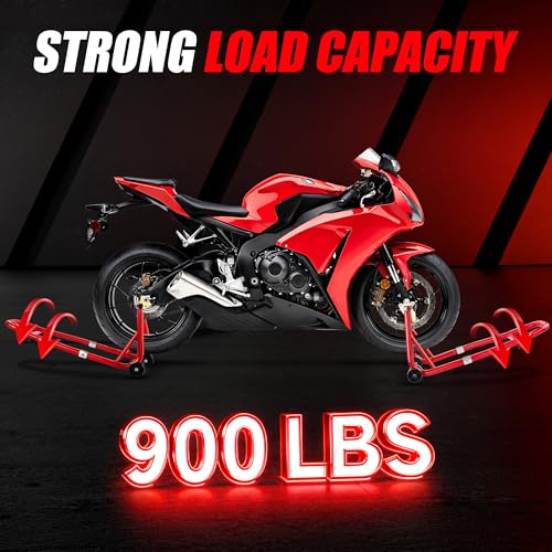 Universal Motorcycle Stand Set, 900 Lbs Capacity Front and Rear Wheel Lift Stands with U+L Adjustable Swingarm Spool Support, Heavy Duty Paddock Stands Fit for Honda, Yamaha, Kawasaki, Suzuki - color: Red