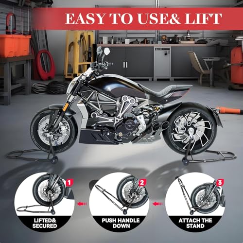 Motorcycle Stands Front and Rear Combo, 850 lbs Motorcycle Paddock Stand Set with U & L Swingarm Adapters, Universal Motorcycle Lift Stand for Honda Yamaha Kawasaki Suzuki Ducati BMW
