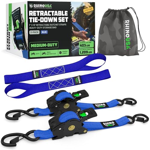 Rhino USA Retractable Ratchet Straps (2-Pack) - 1 Inch x 10 Feet (1,209lb Break Strength) - Auto Self Retracting Tie Down Straps for Truck, Cargo Trailer, Motorcycle, ATV, UTV - Blue - color: Blue, size: 2 Pack