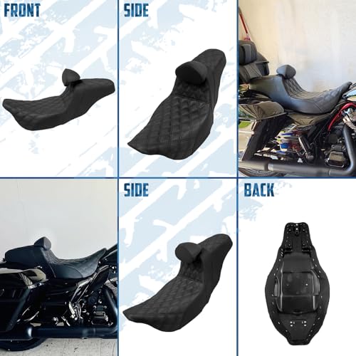 One-Piece Driver Passenger Seat Motorcycle 2-up Seat With Driver Backrest Cushion Pad Fit for Harley Touring Electra Glide Road King Road Glide Street Glide 2009-2023 (Black Stitching) - color: Black Stitching w/Driver Backrest
