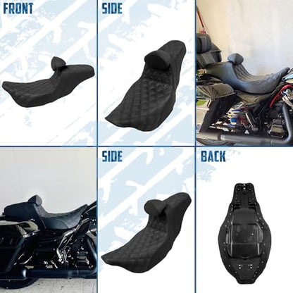 One-Piece Driver Passenger Seat Motorcycle 2-up Seat With Driver Backrest Cushion Pad Fit for Harley Touring Electra Glide Road King Road Glide Street Glide 2009-2023 (Black Stitching) - color: Black Stitching w/Driver Backrest