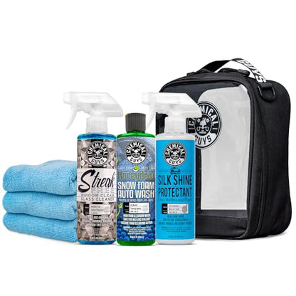 Chemical Guys Exterior Wash And Shine Kit With Storage Bag Car Wash Soap Glass Cleaner Tire And Trim Dressing Microfiber Towels Giftable Car Care Set - style: KIT + BAG