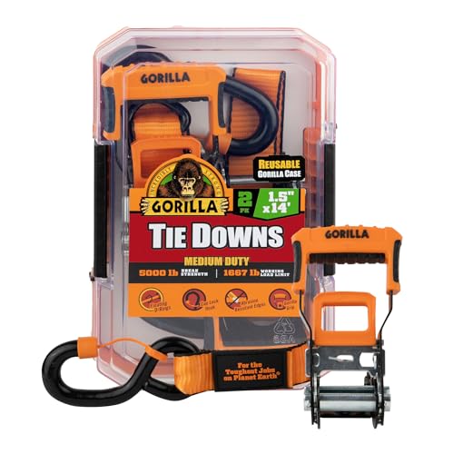 Gorilla Ratchet Tie Down Straps (2Pack) 1.5in x 14ft - 5000lb Break Strength, Heavy Duty Orange Webbing with Gorilla-Grip Handle, Cap Locks & Floating D Rings for Secure Cargo Hauling, Camping, Moving - style: 1.5in x 14ft - 5000lb Break (Pack of 2)