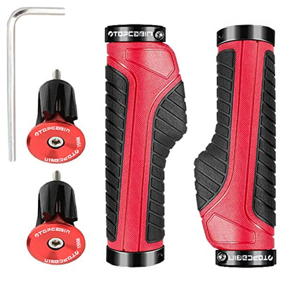TOPCABIN Ergonomic Bike Grips - Widen Holding Rubber Grips with Aluminum LockGrips for Mountain & Road Bikes - color: Knife Style, Red/Black (Aluminum Lock Plug)1 Pair
