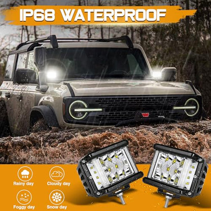 LED Pods, 2Pcs 4 Inch 96W Dually Side Shooter LED Fog Lights Off Road Spot Flood Combo Driving Cubes Light Pods Triple Row Ditch Lights Bar for Trucks ATV UTV SUV Boat Motorcycle - size: 4 Inch