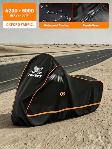 Full Enclosed Motorcycle Cover, 600D Heavy Duty Waterproof Motorcycle Cover with Reflective Strips & Vents, Fits 96" Scooter, Dirtbike, Cruiser & Touring Motorcycles (Black) - size: 96"-XXL