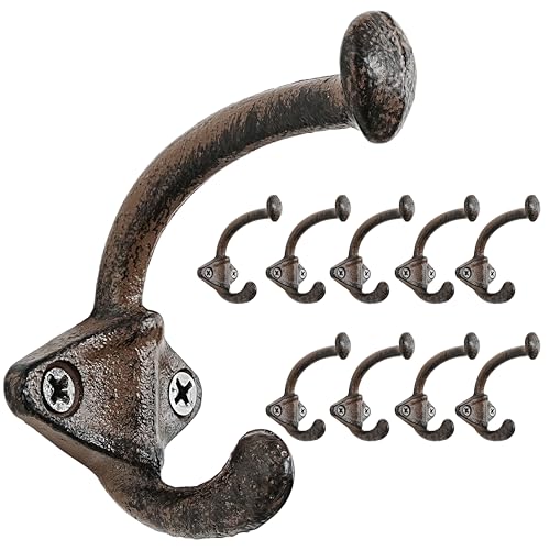 Dseap Cast Iron Wall Hooks, Heavy Duty Coat Hooks, Rustic Vintage Farmhouse Hook for Hanging Winter Coats Jackets Towels Hats Bags Plants, Antique Brown, Pack of 10 (ShldCast) - color: Brown, size: L=3.25" (Pack of 10)