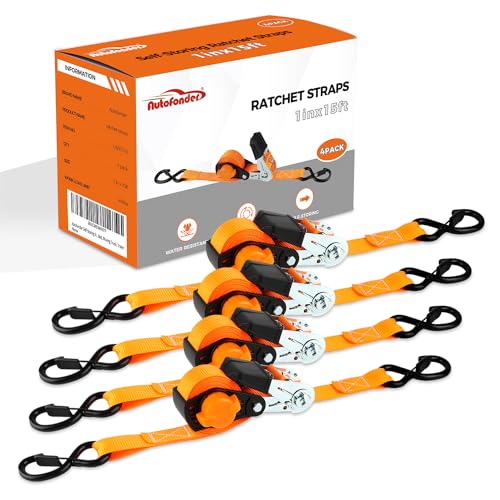 Ratchet Straps Heavy Duty 4 Pack -15 FT - 1500 LB Break Strength – with Safety Lock Chromoly S Hooks - Cargo Straps for Moving, Appliances, Motorcycle Self-Storing NeatStrap - color: Orange
