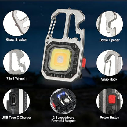 MAKDAK Cob Keychain Work Light - 2PC EDC Keychain Flashlight Rechargeable, Super Bright Flashlight for Car Repair, Emergency(Silver) - color: Silver*2PC