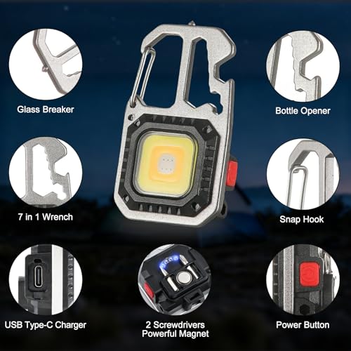 MAKDAK Cob Keychain Work Light - 2PC EDC Keychain Flashlight Rechargeable, Super Bright Flashlight for Car Repair, Emergency(Silver) - color: Silver*4PC