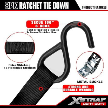 XSTRAP STANDARD 8-Pack Ratchet Tie Down Straps, 1" x 10ft, 900lb Break Strength Heavy Duty Straps for Motorcycles, ATVs, Lawn Equipment, Appliances & Truck Cargo - Black - color: Black