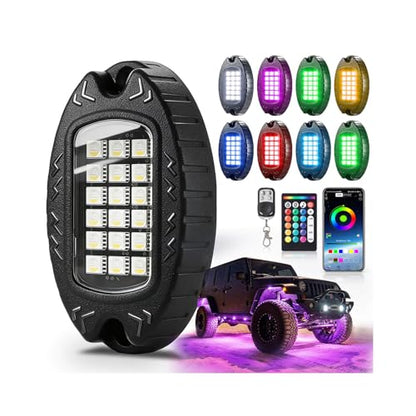 8Pods Heavy Duty Aluminum RGBW LED Rock Lights Kit for Jeep Trucks UTV ATV Golf Cart RZR SXS 4Wheeler Off-Road Vehicles, APP & RF Remote, Plug & Play Pre-Wired, Waterproof 12V Underglow Accent Light - color: RGBW 18LEDs, size: 8Pods