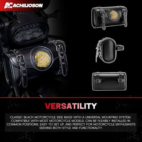 6.32L Motorcycle Side Bags with Eagle Embroidery PU Leather Saddlebag, Universal Waterproof Black Motorcycle Storage Pouch for Most Motorcycles - style: Eagle Embroidered Bag