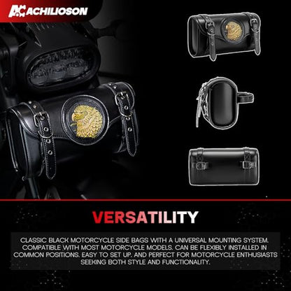 6.32L Motorcycle Side Bags with Eagle Embroidery PU Leather Saddlebag, Universal Waterproof Black Motorcycle Storage Pouch for Most Motorcycles - style: Eagle Embroidered Bag