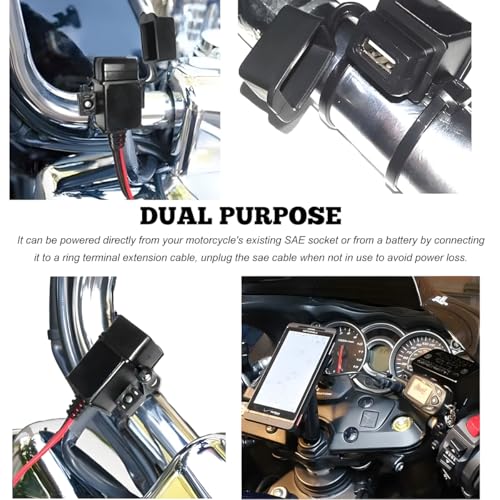 SAE to USB Cable Adapter, Quick Disconnect 2.1A USB Charger with Inline Fuse & O Ring Terminal, 12V-24V Waterproof SAE Fast Charging Socket Cable for Motorcycle Phone Tablet GPS