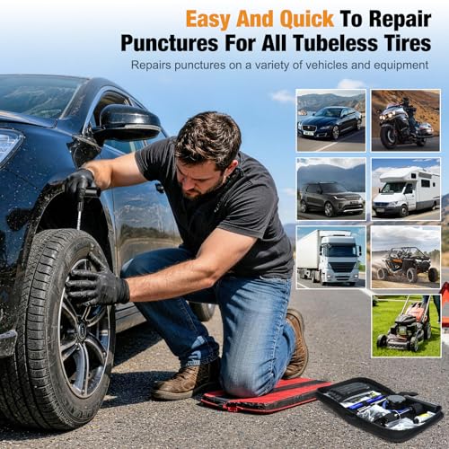 63PCS Flat Tire Repair Kit, Tubeless Tire Repair Kit, Tire Plug Kit Heavy Duty Professional, Emergency Tire Fix Tool for Car, Motorcycle, ATV, Tractor, RV, Truck