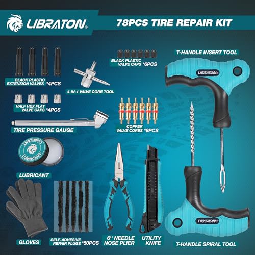 Libraton Tire Repair Kit, 78PCS Tire Plug Kit Heavy Duty Professional Repair Tools to Fix Punctures and Plug Patch Flats, Tubeless Tire Patch Kit for Car, Motorcycle, ATV, SUV, Truck, Tractor, Trailer