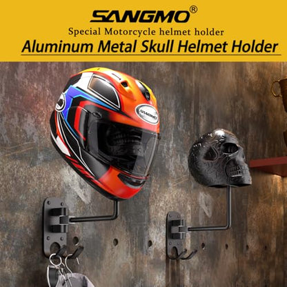 SANGMO Metal Skull Helmet Holder, Motorcycle Helmet Rack 180 Degree Rotation Wall Mount with 2 Hooks for Motorcycle Bike Baseball Rugby - Black - color: Black*1