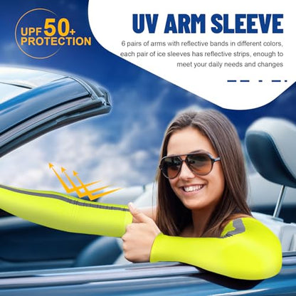 Funtery 6 Pairs UV Arm Sleeves for Men Women Sun Protection Cooling Arm Cover High Visibility for Basketball Outdoor Sports - style: Fluorescent Yellow
