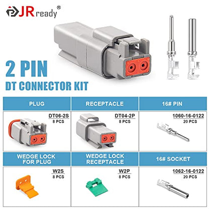 JRready ST6327-202 Deutsch DT Connector 2 Pin 8 Sets, Size 16 Stamped Contacts 14-18AWG, Waterproof Sealed Connectors for LED Lights, Trucks, Off-Road, Marine, Motorcycle Wiring - size: 2-Pin (8 Pairs)