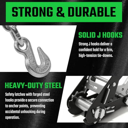 4 Pack Car Tie Down Straps for Trailers - 2" x 8' Heavy Duty Tire Straps with Chain Anchors - 10,000lbs Break Strength, Adjustable Lasso Style Wheel Straps for Hauling Cars, Truck, UTV(Green) - style: Chain Anchors