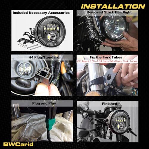 7" Inch LED Motorcycle Headlight with Housing Bucket Mounting Brackets Hi/Low Beam Headlamp for H-arley Yamaha Honda Cafe Racer Bobber Chopper Scrambler Streetbike w/34~42mm Fork Tube, White - size: 7in LED Motorcycle Headlight