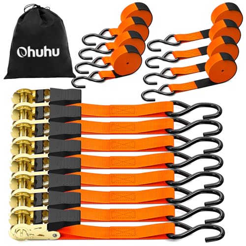Ratchet Tie Down Strap 8-Pack 15 Ft - 500 lbs Load Cap with 1500 lbs Breaking Limit, Ohuhu Ratchet Tie Downs Logistic Cargo Straps for Moving Appliances, Motorcycle, Orange - color: Orange, size: 8-Pack