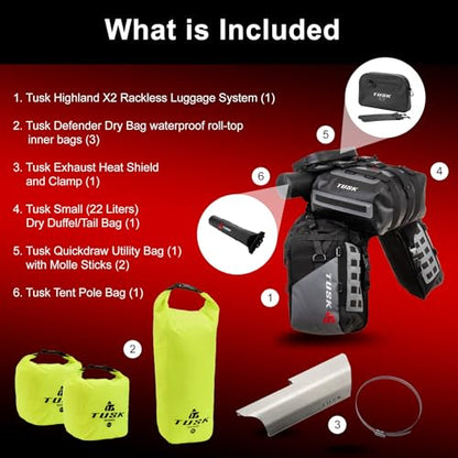TUSK Highland X2 Rackless Luggage System w/Small Dry Duffel Tail Bag Compatible with KTM/Husky 690-701 Heat Shield Black/Grey - color: Black/Grey, size: Small Dry Duffel/Tail Bag, style: Ktm/Husky 690-701 Heat Shield
