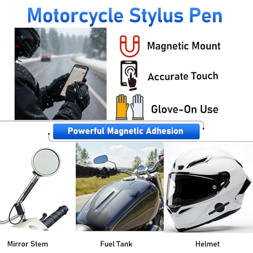 Motorcycle Stylus Pen，Magnetic Stylus，Magnet Pen，Phone Stylus for Motorcycle， Motorcycle Touch Pen， Glove-Friendly Pen，Metal Plates，Replacement Tips， Anti-Loss Strap，Strong Magnet