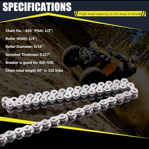 420 Motorcycle Chain 132 Links fit for 50 70 90 110 125cc SSR TaoTao Coolster Apollo Baja 212cc Go Kart Mini Bike Powersports Parts Chinese ATV 4 Wheeler Quad Pit Dirt Bike with Chain Breaker