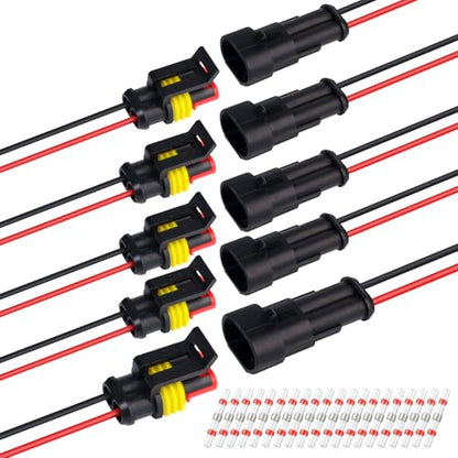 TMH 2 Pin Connector 22 AWG - 2 Wire 10 cm. Waterproof Connectors Automotive Electrical Connectors Male and Female 2 Way with Heat Shrink Tubing for Car Truck Boat (5 Sets) - size: 2 Pin - 5 Sets