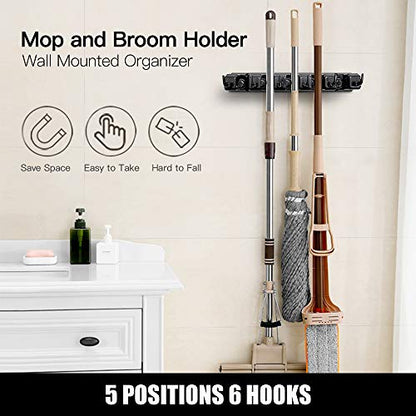 IMILLET Mop and Broom Holder, Wall Mounted Organizer-Mop and broom Storage Tool Rack with 5 Ball Slots and 6 Hooks (Black) - color: 1 Pack