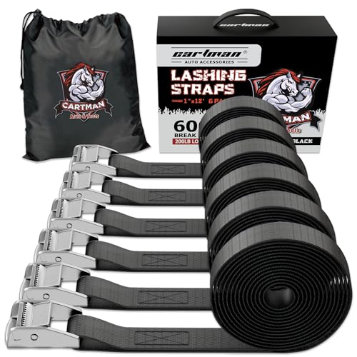 Cartman 1" x 12' Lashing Straps Cargo Tie-Down Strap Up to 600lbs, 6pk in Carry Bag, Black - color: Black, size: 6 PK